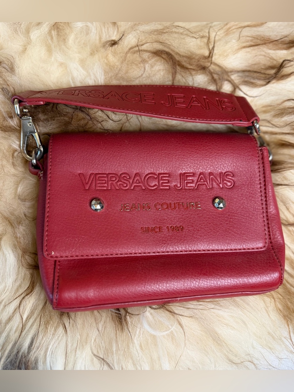Versace Jeans Collection Scarlet Red Leather Crossbody Bag with Embossed Logo